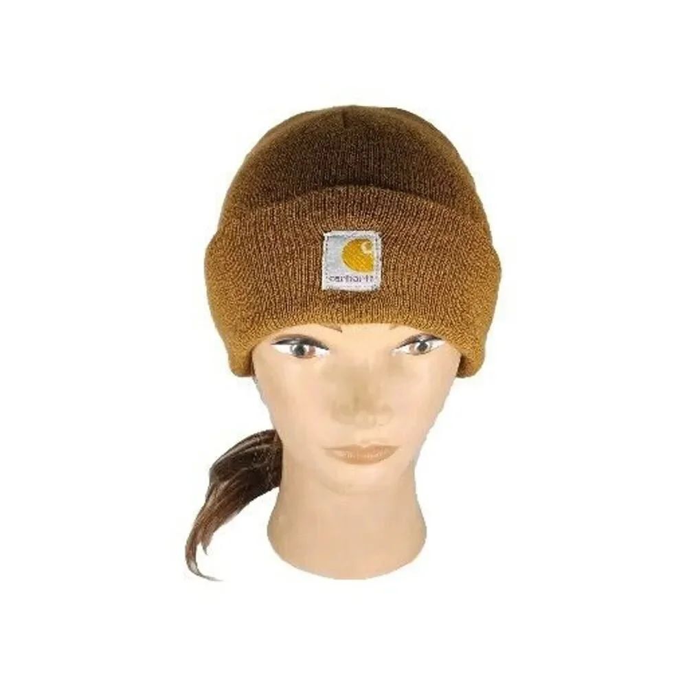 Carhartt Youth One Size Brown Ribbed knit Logo Pull On Cuffed Beanie Hat